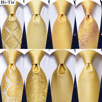 Hi-Tie Luxury Yellow Gold Plaid Paisley Silk Wedding Necktie For Men Fashion Mens Tie Gravatas Gift Business Party