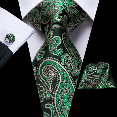 Hi-Tie Designer zöld, tömör csíkos Paisley selyem esküvői nyakkendő férfiaknak nyakkendő Hanky mandzsettagomb Divat üzleti party