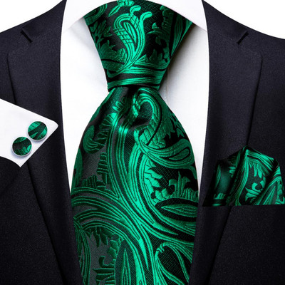 Hi-Tie Designer zöld, tömör csíkos Paisley selyem esküvői nyakkendő férfiaknak nyakkendő Hanky mandzsettagomb Divat üzleti party