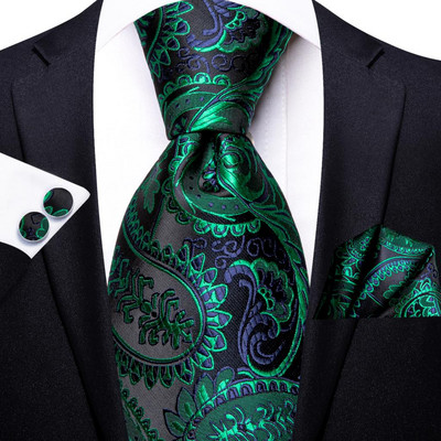 Hi-Tie Designer zöld, tömör csíkos Paisley selyem esküvői nyakkendő férfiaknak nyakkendő Hanky mandzsettagomb Divat üzleti party
