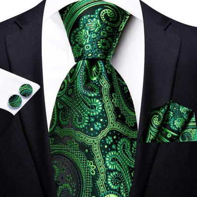 Hi-Tie Designer zöld, tömör csíkos Paisley selyem esküvői nyakkendő férfiaknak nyakkendő Hanky mandzsettagomb Divat üzleti party