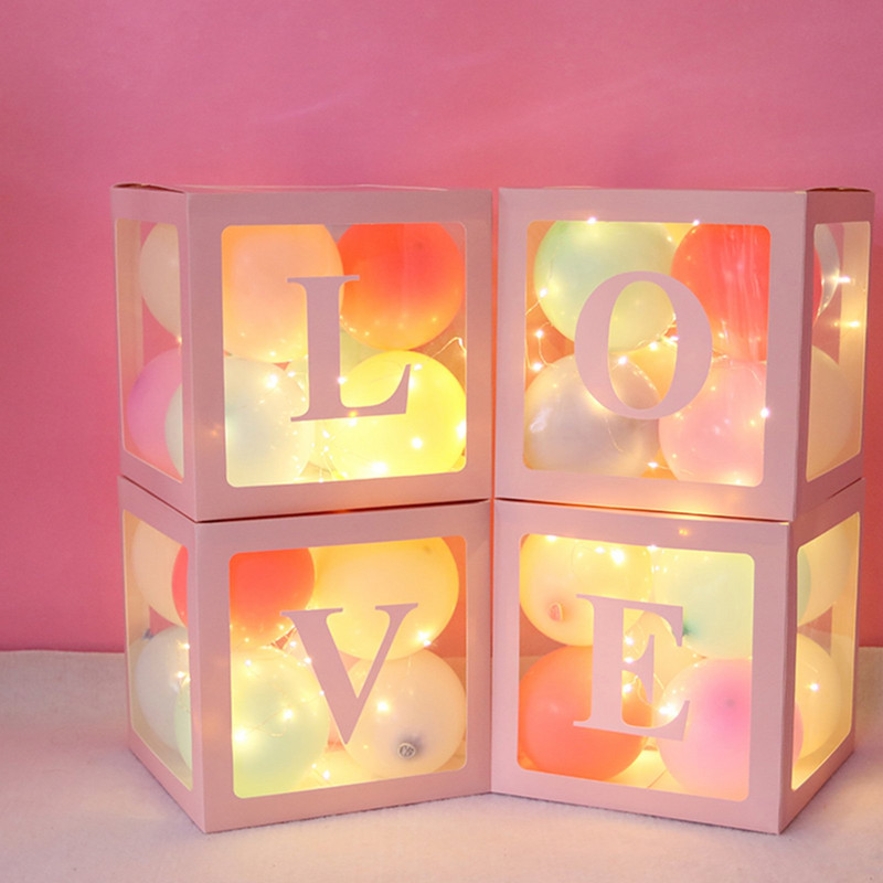 Egyedi név levél Baby Shower Box Születésnap esküvő Balloon Box Party Évforduló Dekoráció Gyerekek Babazuhany Lány Nem Felfed