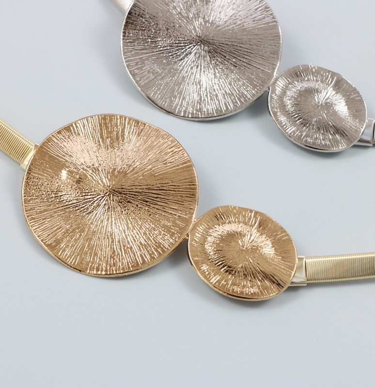 Kovový zlatý strieborný pružinový elastický pás s retiazkou, okrúhlou prackou, kruhovou retiazkou v páse, sukňa, dámsky opasok, luxusná móda, vysoká kvalita