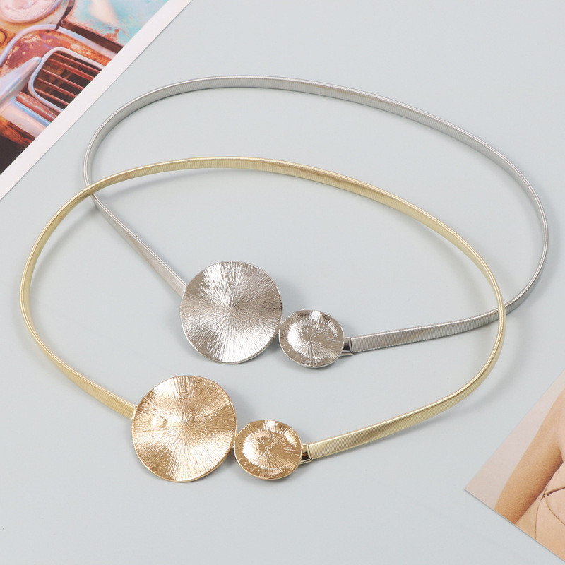 Kovový zlatý strieborný pružinový elastický pás s retiazkou, okrúhlou prackou, kruhovou retiazkou v páse, sukňa, dámsky opasok, luxusná móda, vysoká kvalita