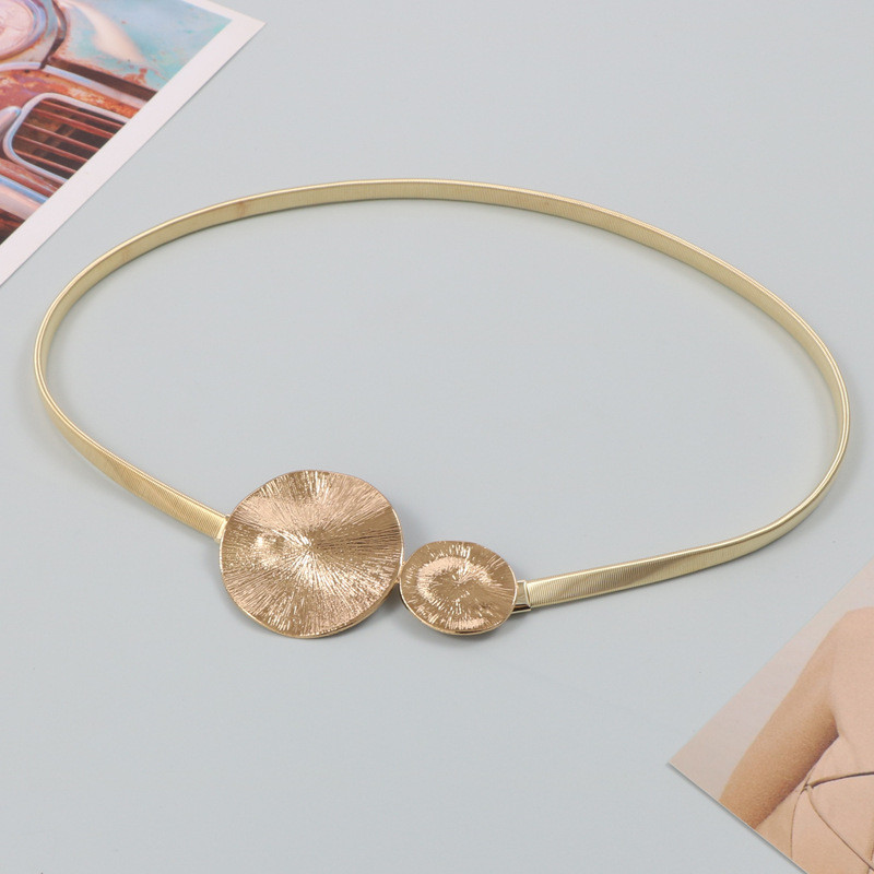 Kovový zlatý strieborný pružinový elastický pás s retiazkou, okrúhlou prackou, kruhovou retiazkou v páse, sukňa, dámsky opasok, luxusná móda, vysoká kvalita