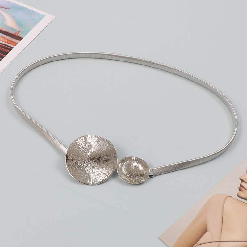 Kovový zlatý strieborný pružinový elastický pás s retiazkou, okrúhlou prackou, kruhovou retiazkou v páse, sukňa, dámsky opasok, luxusná móda, vysoká kvalita