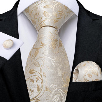 Hi-Tie Слонова кост, шампанско, флорален плътен дизайн, копринена сватбена вратовръзка за мъже, качествено копче за ръкавели, модна бизнес вратовръзка