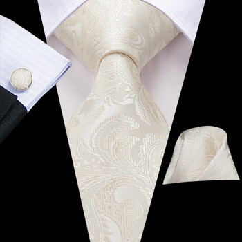 Hi-Tie Слонова кост, шампанско, флорален плътен дизайн, копринена сватбена вратовръзка за мъже, качествено копче за ръкавели, модна бизнес вратовръзка