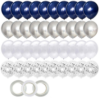 40gab 12 collu sudraba konfeti balto pērļu baloni bērnu dušas dzimšanas dienas ballīšu dekorācijas tumši zils balons bērnu zēnam vīrietim bērnu duša