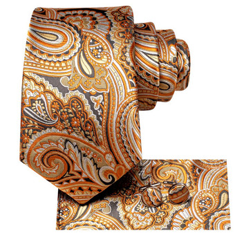 Оранжево сиво Пейсли 2023 г. Нова модна марка вратовръзка за мъже Сватбено парти Комплект вратовръзки Копчета за ръкавели Подарък Продажба на едро Дизайнерски Hi-Tie