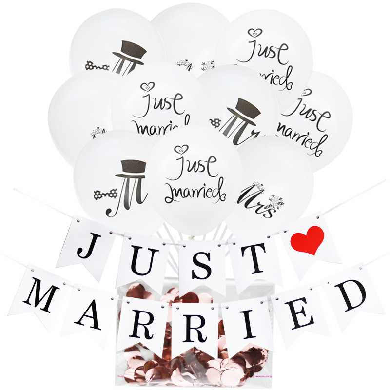 10 db Mrs Just Married Banner Latex léggömbök Nyomtatott kerek léggömb léggömb esküvői esküvői parti dekorációhoz