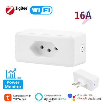 Mufă inteligentă Tuya 16A Brazilia Zigbee/WiFi cu monitor de putere Smart Life APP Priză de comandă de la distanță pentru Google Home Alexa