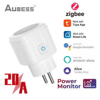 20A интелигентен щепсел Tuya Zigbee 3.0 Mini Socket Интелигентен домашен изход за измерване на мощността работи с Alexa Google Home Alice Hub Изисква се