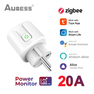 Priză inteligentă 20A Tuya Zigbee 3.0 Mini priză Smart Home Priza de măsurare a energiei Funcționează cu Alexa Google Home Alice Hub Necesar