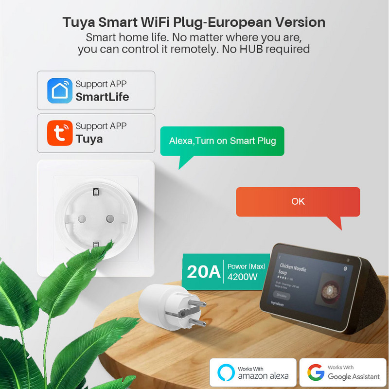 Tuya Wifi viedais spraudnis 20A ar jaudas monitoru Smart Life App tālvadības pults viedā ligzda, kas saderīga ar Alexa Google Home