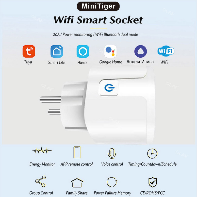 Smart Plug WiFi ligzda EU 16A/20A Power Monitor Laika funkcija Tuya APP Control Alexa Google Yandex Enchufe Inteligente Wifi