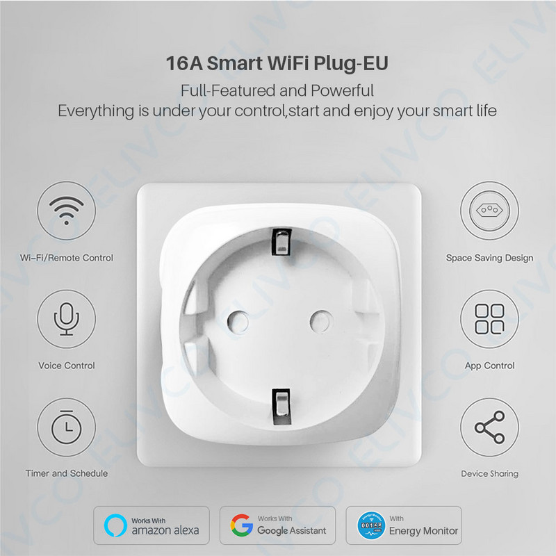 16A EU Tuya Wifi Smart Plug Socket Barošanas monitora laika funkcija Tuya Smart Life APP balss vadība darbojas ar Alexa Google