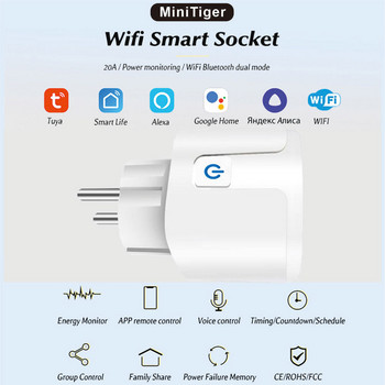 Smart Plug WiFi Socket EU 20A/16A Интелигентен дом Гласов контрол Монитор Монитор Tuya SmartLife APP Control Работи с Alexa Google