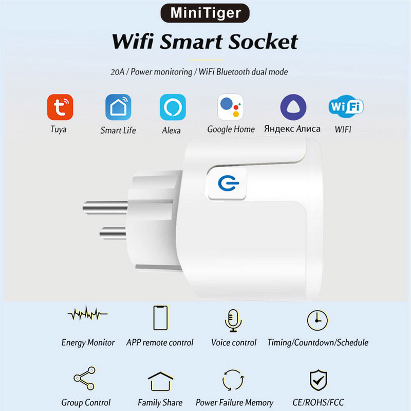 Smart Plug WiFi aljzat EU 20A/16A Intelligens otthon hangvezérlés tápellátás monitor Tuya SmartLife APP Control működik az Alexa Google segítségével