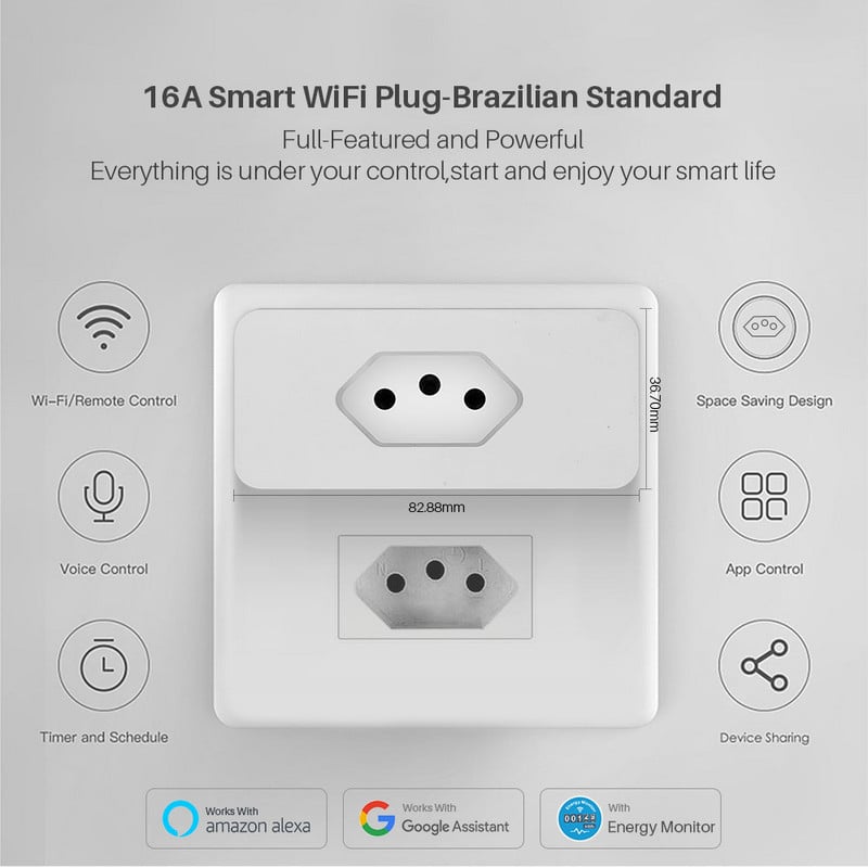 16A Tuya Smart Plug Brazil Wifi Smart Socket Power Monitor Smart Life App Radi s daljinskim upravljačem Alexa Google Assistant