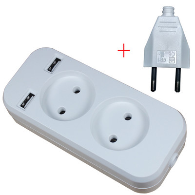 Barošanas sloksne 2 EU spraudnis 1200W 250V,5V 2A Sienas vairākas ligzdas Pārnēsājams 2 USB ports mobilajiem tālruņiem viedtālruņiem planšetdatoriem F-01-5