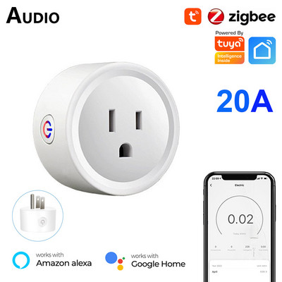 Tuya Zigbee Smart Plug 20A amerikai intelligens aljzat teljesítményfigyelő időzítő funkcióval kimeneti hangvezérlés működik az Alexa Google Home szolgáltatással