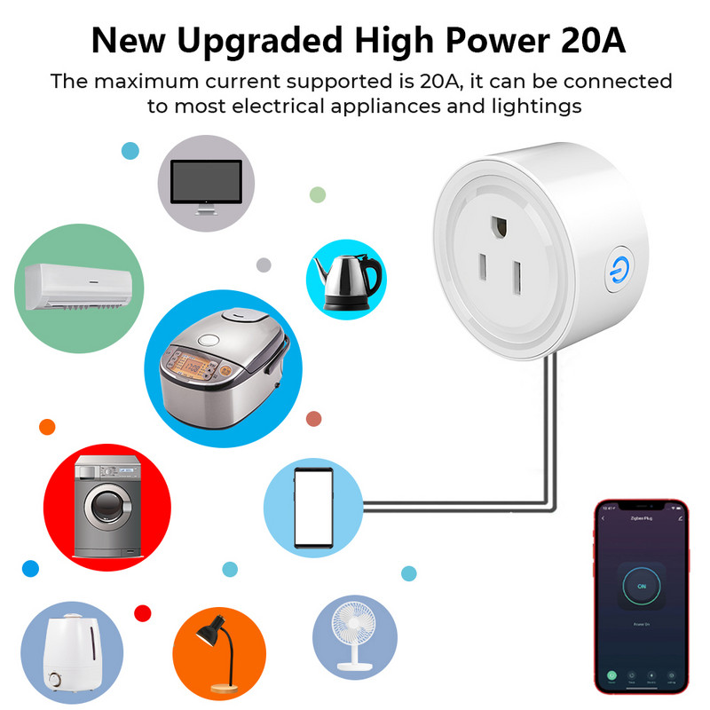 Tuya Zigbee Smart Plug 20A amerikai intelligens aljzat teljesítményfigyelő időzítő funkcióval kimeneti hangvezérlés működik az Alexa Google Home szolgáltatással
