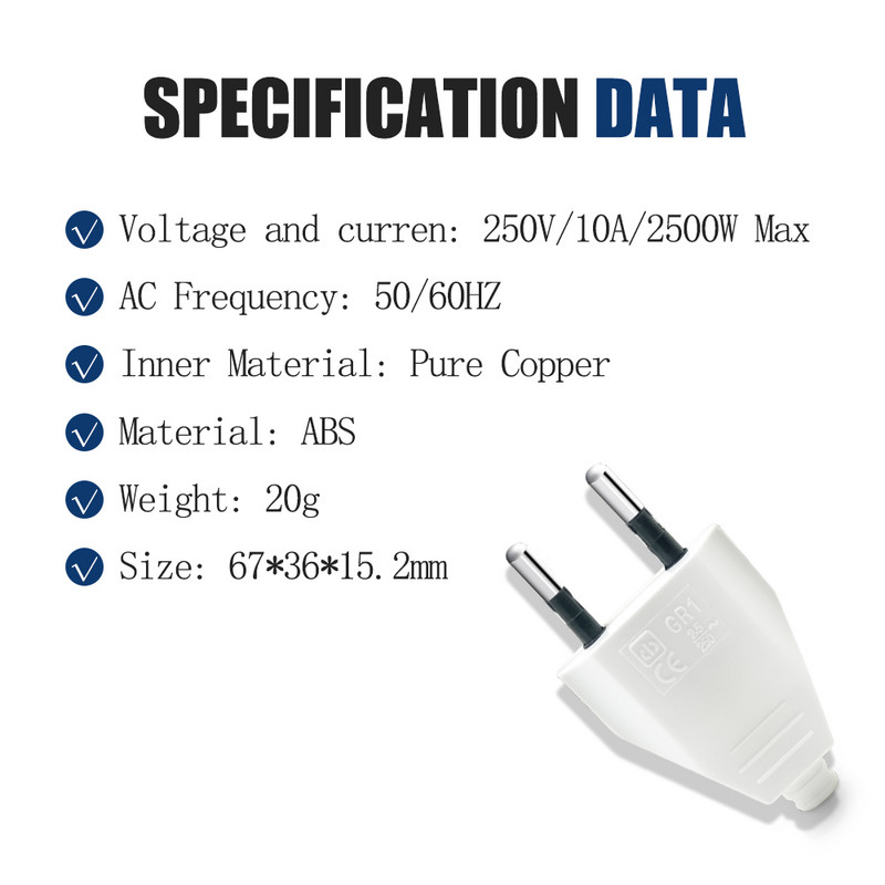 Pistikuadapter Euroopa pistikupesa adapter isane 2 kontaktiga vahelduvvoolu elektripistiku juhe taasjuhtmetav pikendus Korea Hispaania Iisraeli jaoks