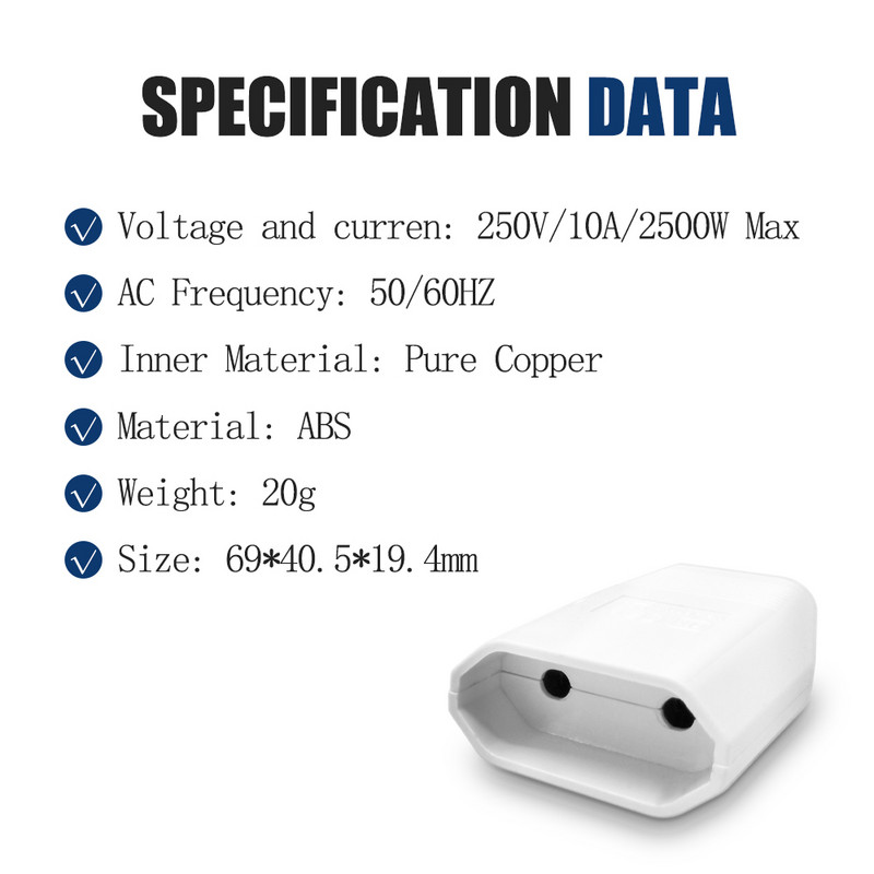 Pistikuadapter Euroopa pistikupesa adapter isane 2 kontaktiga vahelduvvoolu elektripistiku juhe taasjuhtmetav pikendus Korea Hispaania Iisraeli jaoks
