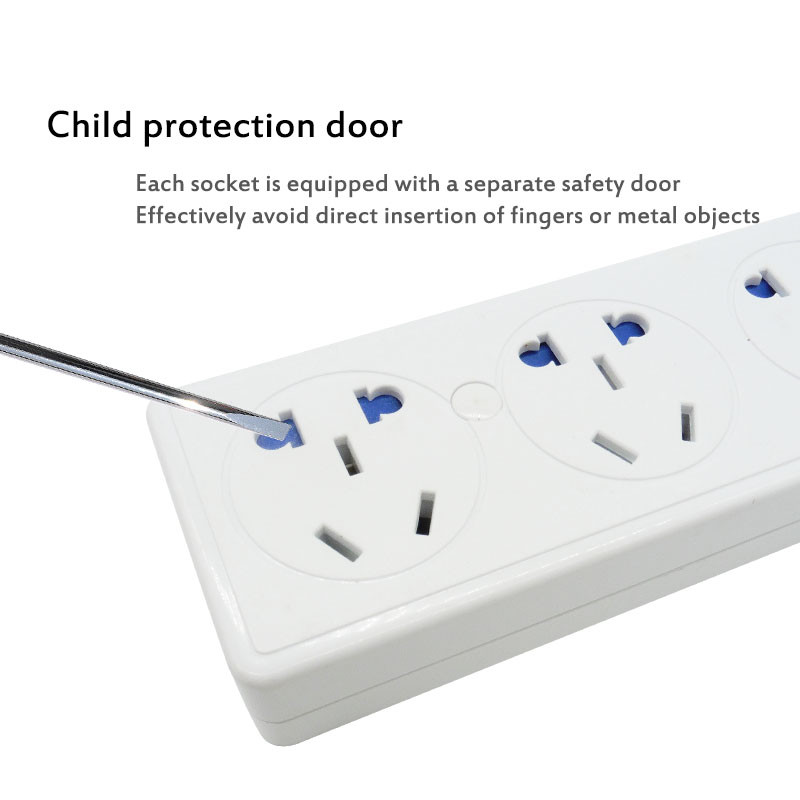 Vairākas strāvas sloksnes 3-6 virzienu kontaktligzda Austrālija Ķīna kontaktligzdas Elektriskās pagarinātāja ligzda Neatkarīgas drošības durvis ar slēdzi