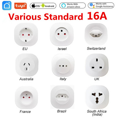 16A Tuya WIFI kištukas Smart life Socket Outlet JK EU AU Brazilija FR Izraelis IT kištukas APP nuotolinio valdymo pultas, skirtas Alexa Google Assistant