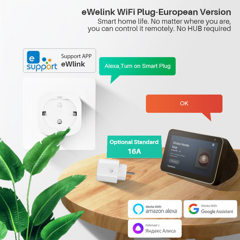 eWelink 16A pametna utičnica, EU Wifi utikač, s praćenjem vremena napajanja, podrška Alexa Google Assistant Yandex Alice Voice Control