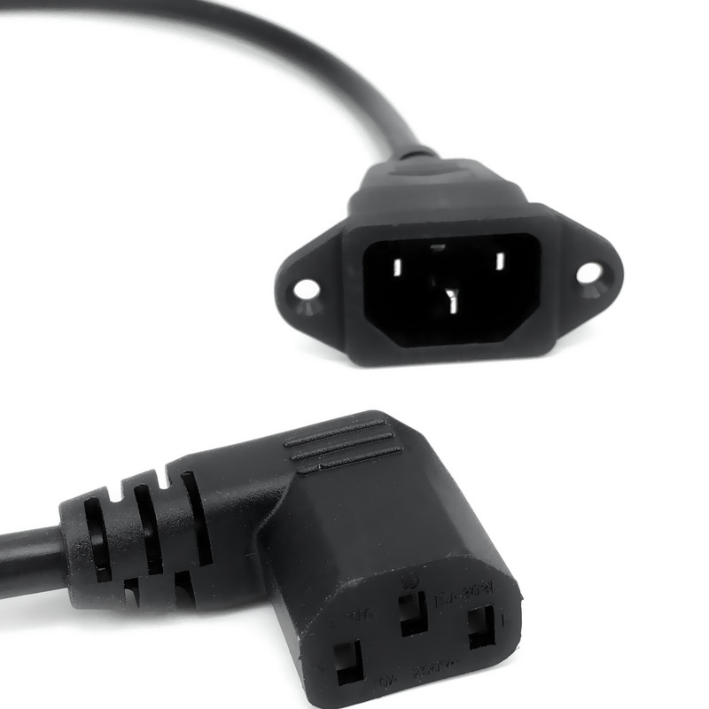 IEC320 C14–C13 ilgintuvas, C14 su varžtų skylutėmis ir C13 dešiniuoju kampu trumpas, 60 cm ilgio, H05VV-F 3G 0,75 mm