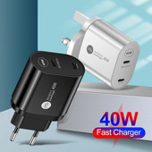 2 portos UK EU US Plug 40W Max USB-C Type C fali gyorstöltő adapter iPhone 12 Pro Max hordozható utazási USB transzformátorhoz