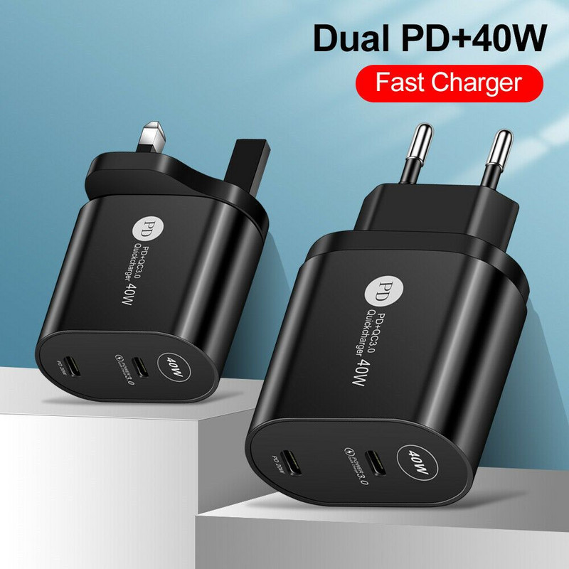 2 portos UK EU US Plug 40W Max USB-C Type C fali gyorstöltő adapter iPhone 12 Pro Max hordozható utazási USB transzformátorhoz
