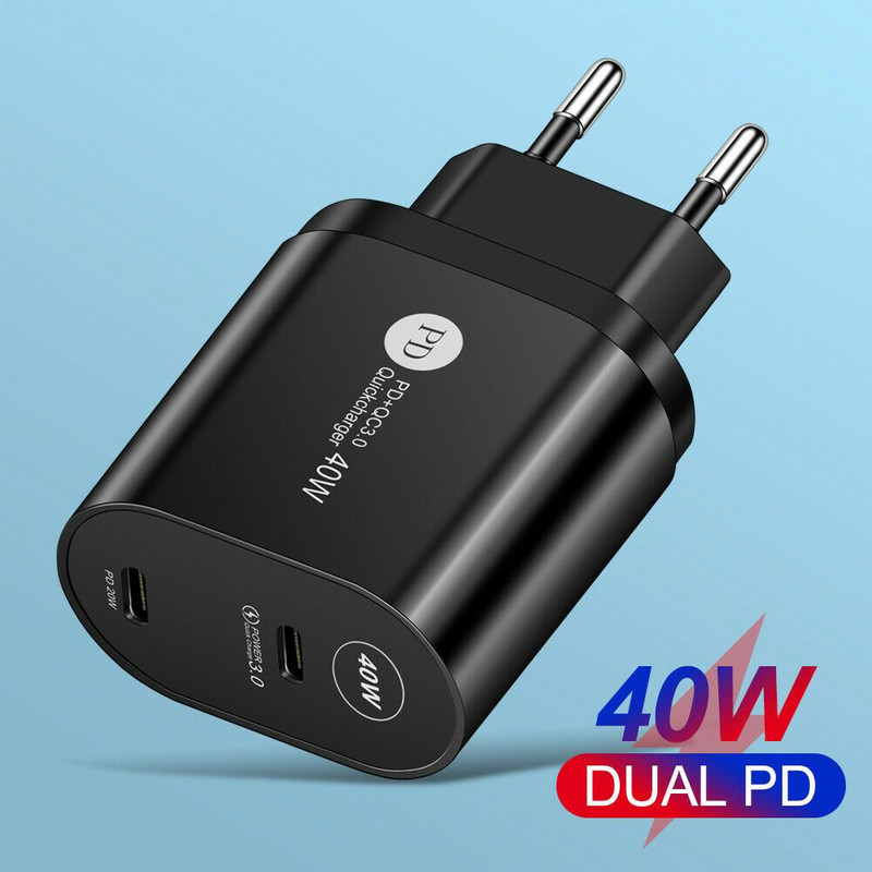 2 portos UK EU US Plug 40W Max USB-C Type C fali gyorstöltő adapter iPhone 12 Pro Max hordozható utazási USB transzformátorhoz