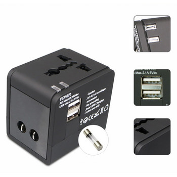 Λευκό Μαύρο 5V 2.1A 1A Universal International Adapter Fused Travel 2 USB Power Charger Adapter with AU US UK EU Converter Plug