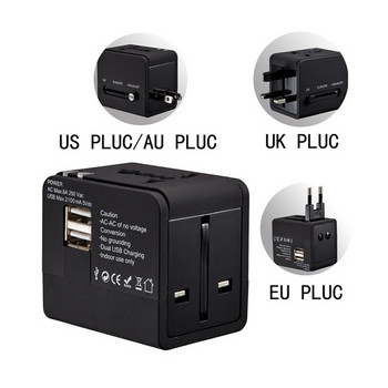 Λευκό Μαύρο 5V 2.1A 1A Universal International Adapter Fused Travel 2 USB Power Charger Adapter with AU US UK EU Converter Plug