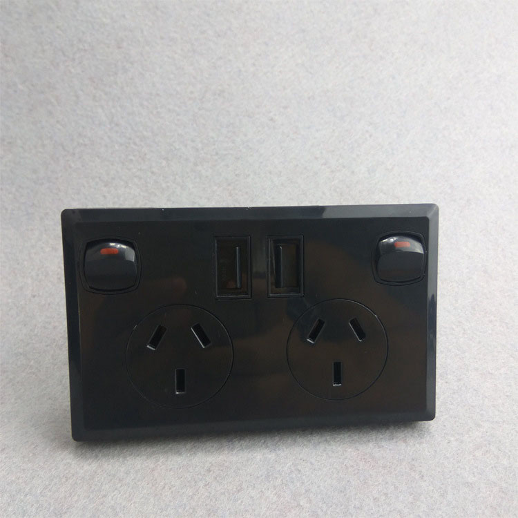 Biela USB zásuvka, štandardná nabíjačka, AU zástrčka, vypínač, AC zástrčka, dvojportová nabíjačka s 2 vypínačmi, 10A zásuvka, panel