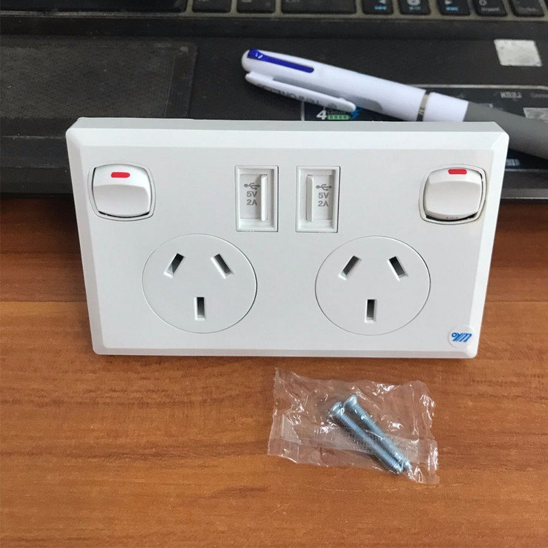 Biela USB zásuvka, štandardná nabíjačka, AU zástrčka, vypínač, AC zástrčka, dvojportová nabíjačka s 2 vypínačmi, 10A zásuvka, panel