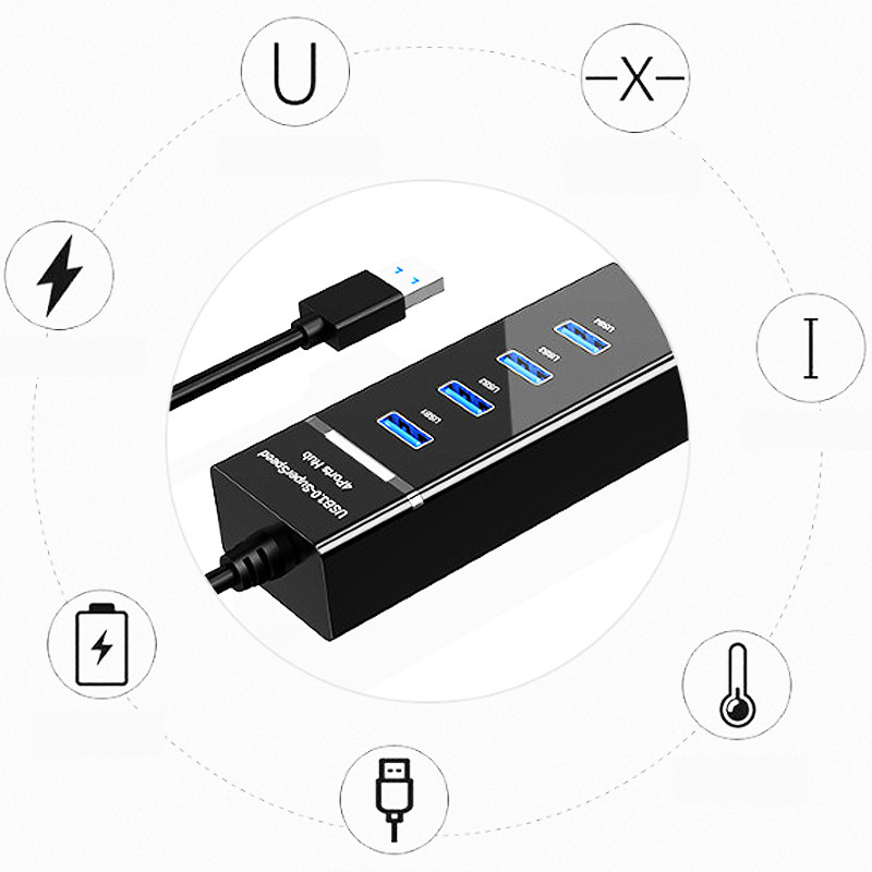 Új 1-4 USB HUB 3.0 nagy sebességű, 5 Gbps 4 portos HUB bővítő USB számítógép-elosztó 0,3 m-es kábellel, fekete fehér