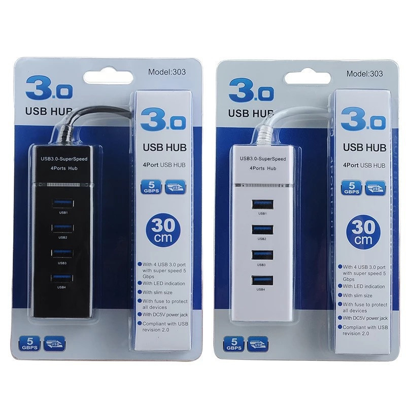 Új 1-4 USB HUB 3.0 nagy sebességű, 5 Gbps 4 portos HUB bővítő USB számítógép-elosztó 0,3 m-es kábellel, fekete fehér