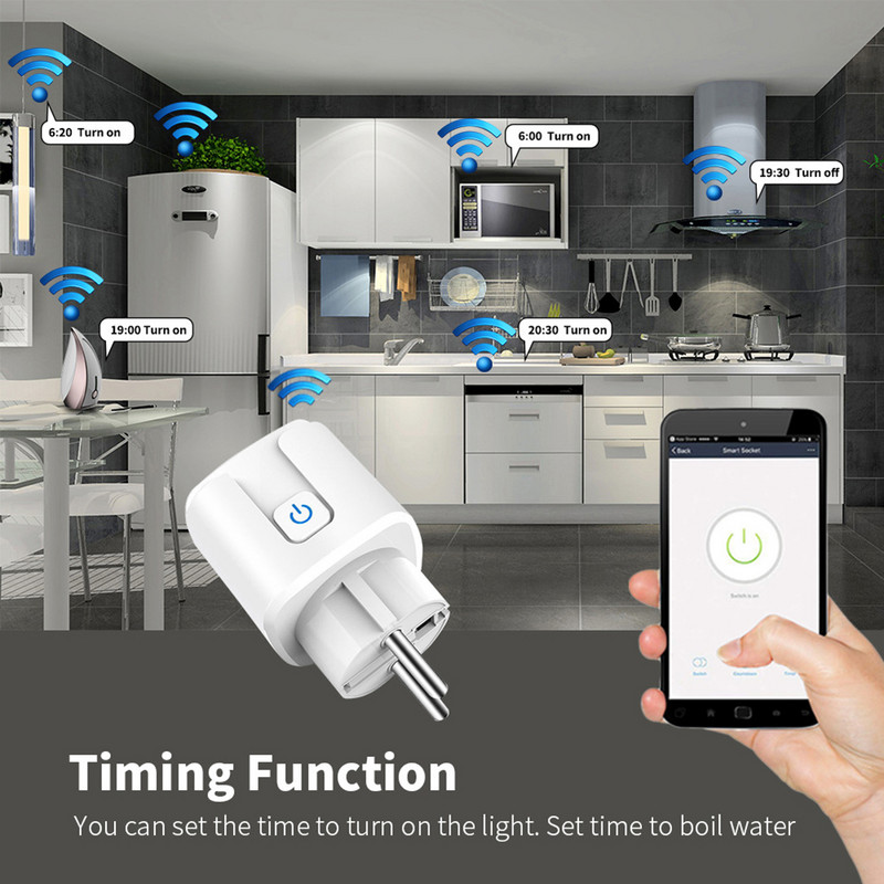 Smart Plug WiFi ligzda EU Smart Socket Barošanas kontaktligzda Strāvas monitora tālvadības pults darbojas ar Alaxa Google mājas atpakaļskaitīšanas funkciju