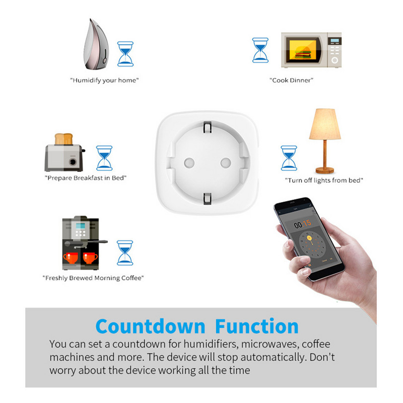 Smart Plug WiFi ligzda EU Smart Socket Barošanas kontaktligzda Strāvas monitora tālvadības pults darbojas ar Alaxa Google mājas atpakaļskaitīšanas funkciju