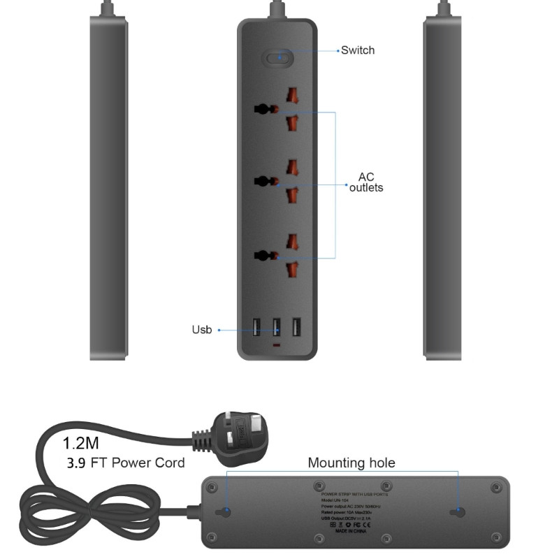 Πολύπριζο, Προστατευτικό υπέρτασης με 3 τεμάχια ευρείες πρίζες και 3x θύρες USB για φορητό υπολογιστή tablet τηλεφώνου Πολλαπλές συσκευές H8WD