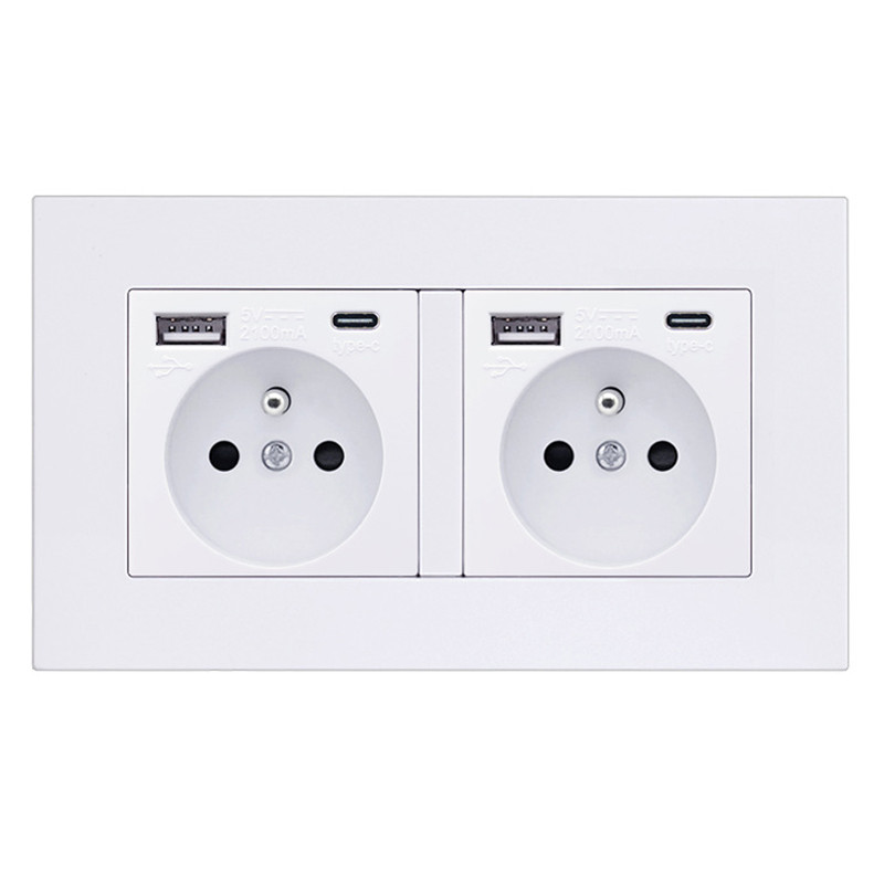 EU 2 portos elektromos DE aljzat két USB Type-C töltő akkumulátor 146x86 mm fali panel előlap Európához Franciaország otthoni aljzat fedele