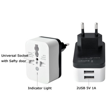 Universal EU US UK 2 βύσμα ταξιδιού USB Μετατροπέας ρεύματος φορτιστής Υποδοχή Αμερικής Βρετανία Ευρωπαϊκός προσαρμογέας βύσματος πολλαπλών λειτουργιών 5V 1A