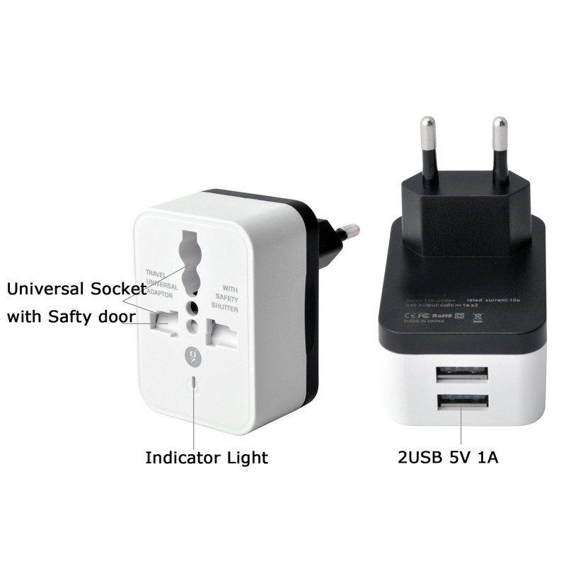 Univerzális EU US UK 2 USB Travel Plug Táptöltő Átalakító Aljzat Amerika Nagy-Britannia Európai Többfunkciós dugós adapter 5V 1A