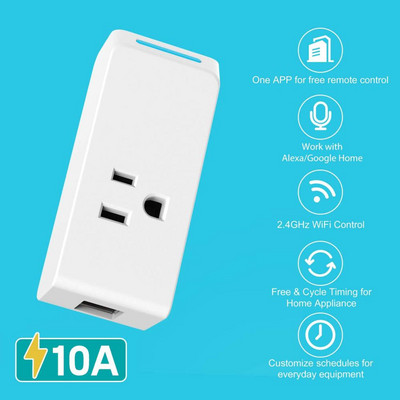 Интелигентен стенен контакт 10a AC100-240v Функция за синхронизиране на интелигентен дом Двойна USB работа с Alexa и Google Home Smart Plug Дистанционно управление
