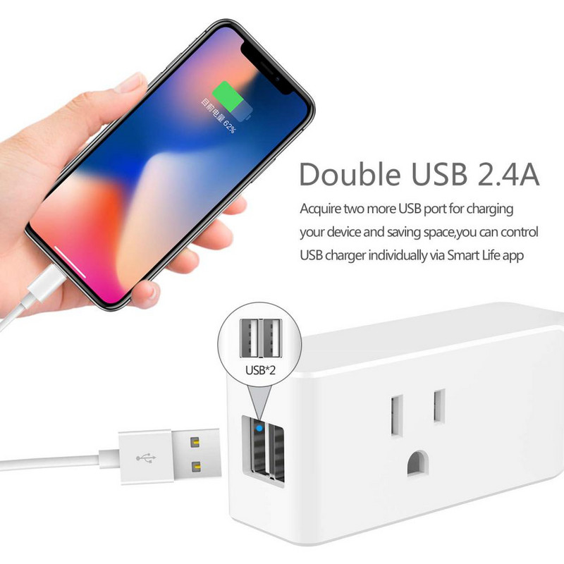 Pametna zidna utičnica 10a AC100-240v Smart Home Timing Funkcija Dual USB Rad s Alexa i Google Home Smart Plug Daljinski upravljač